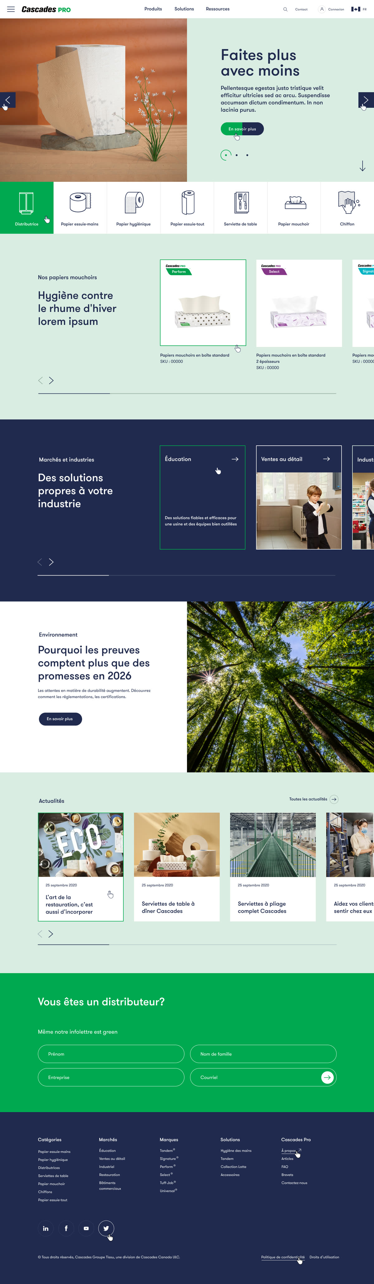 La page d’accueil de Cascades PRO, de haut en bas