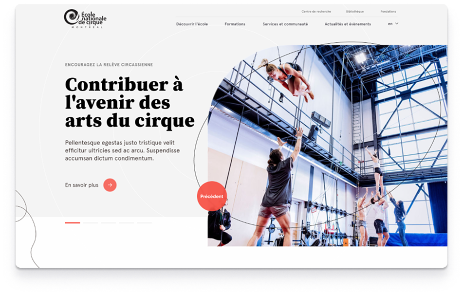 La page d'accueil du site de l'École nationale de cirque de Montréal