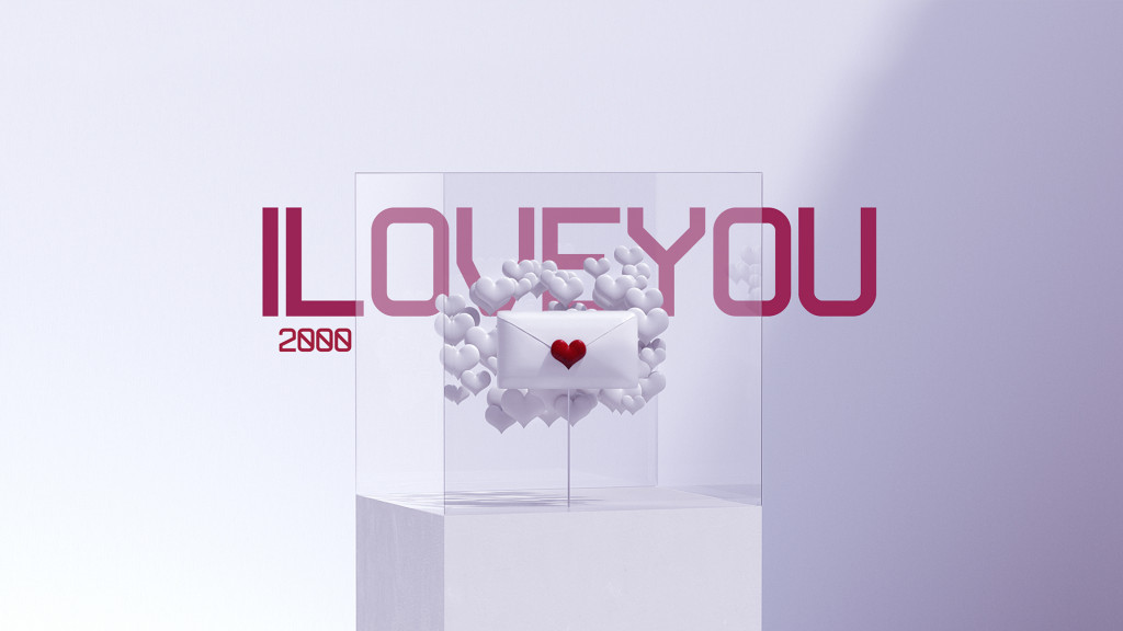 La pièce ILOVEYOU, une enveloppe et des cœurs sous vitrine