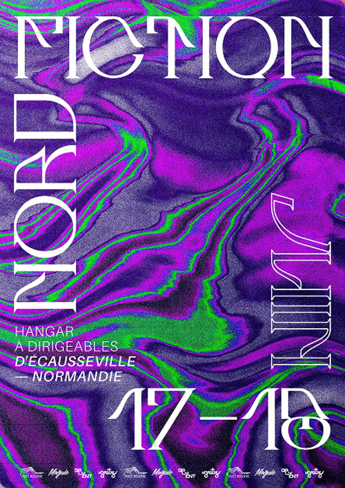 L’affiche de Nord Fiction : typographie en miroir sur une matière liquide violette et verte