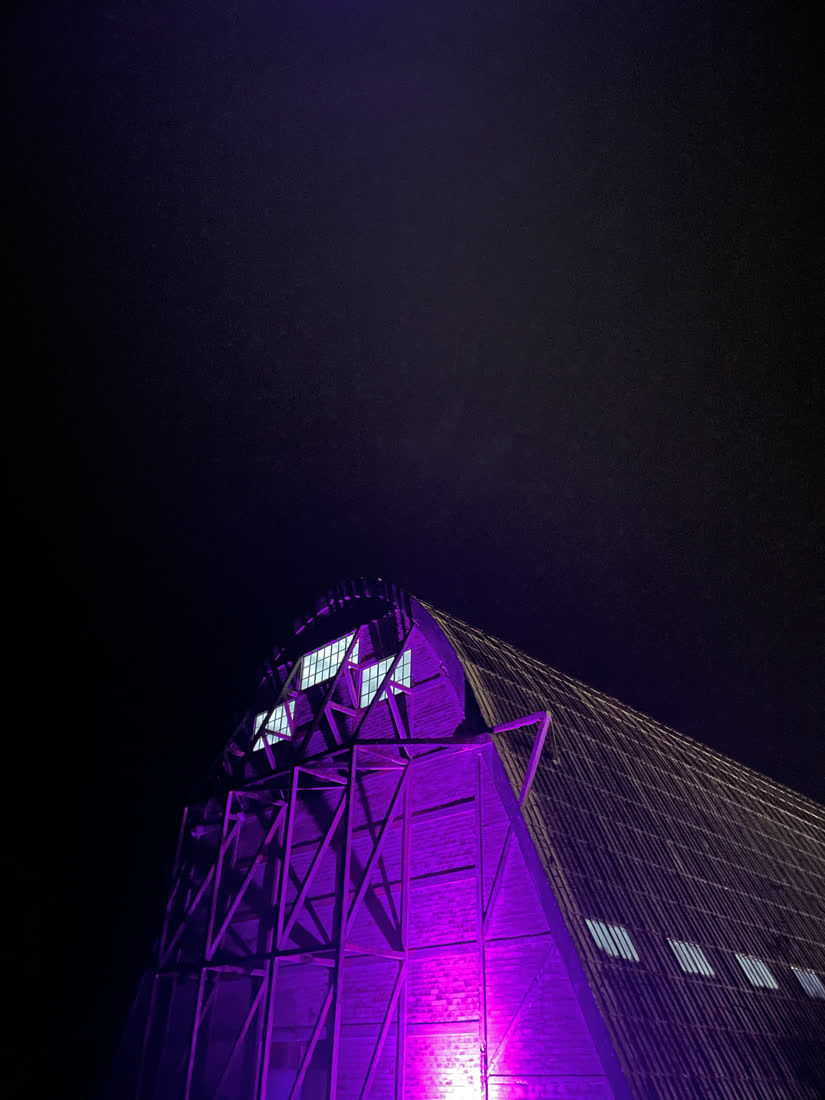 La façade du hangar à dirigeables éclairée en violet, de nuit