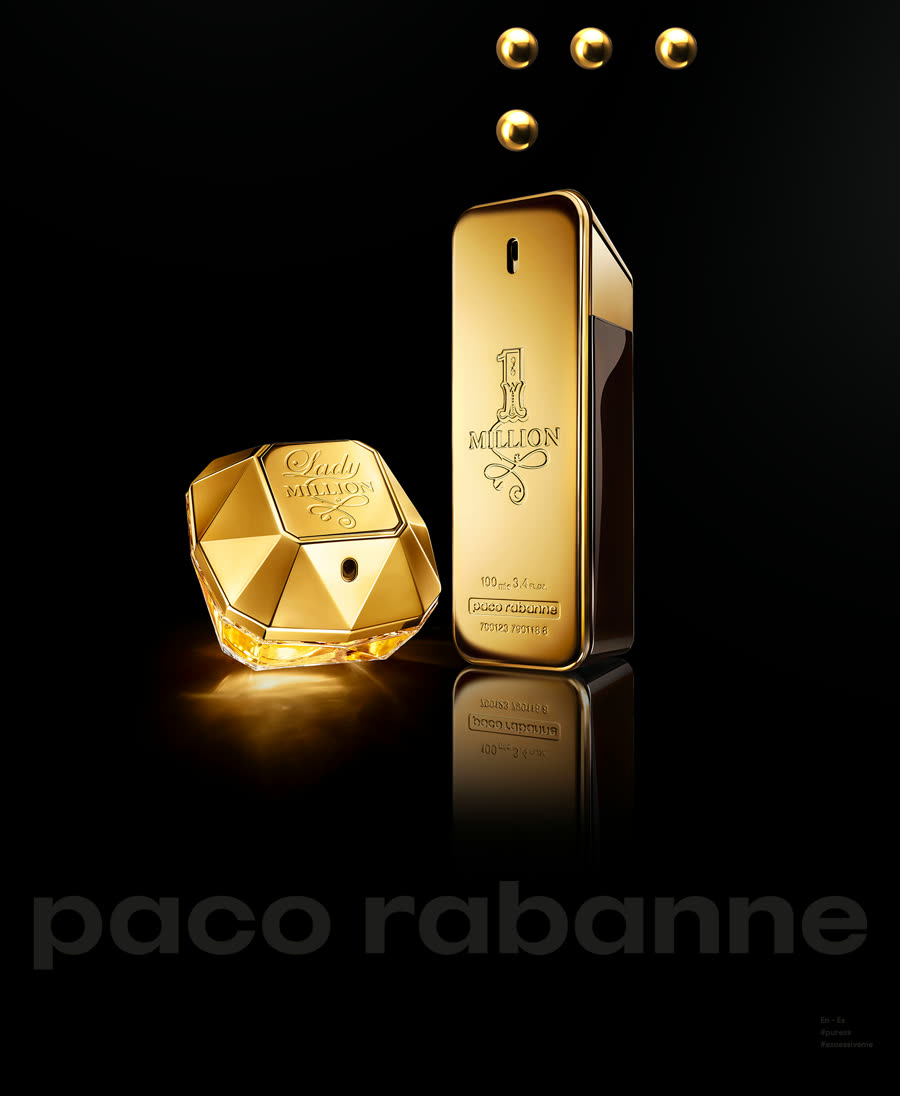 Les deux flacons, Lady Million et 1 Million, posés sur fond noir sous la signature paco rabanne