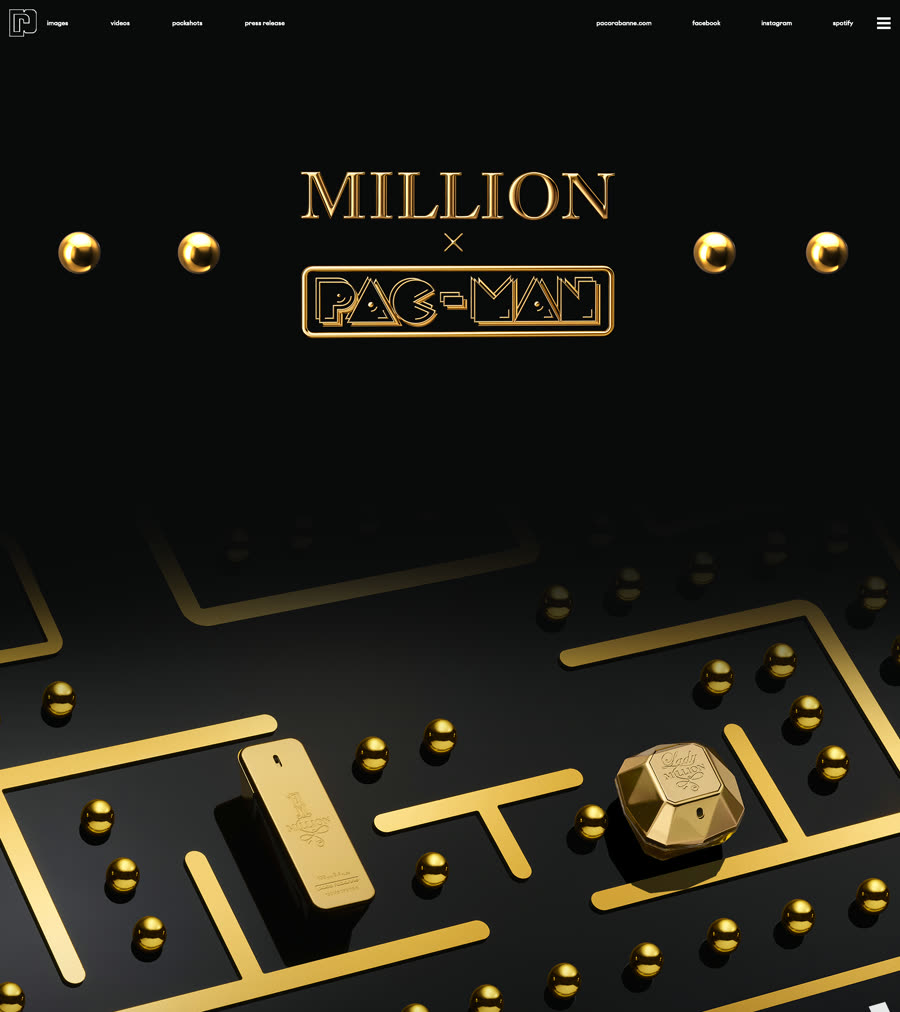 Le haut du site : le logo 1 Million × Pac-Man, et le labyrinthe doré où le flacon tient lieu de proie