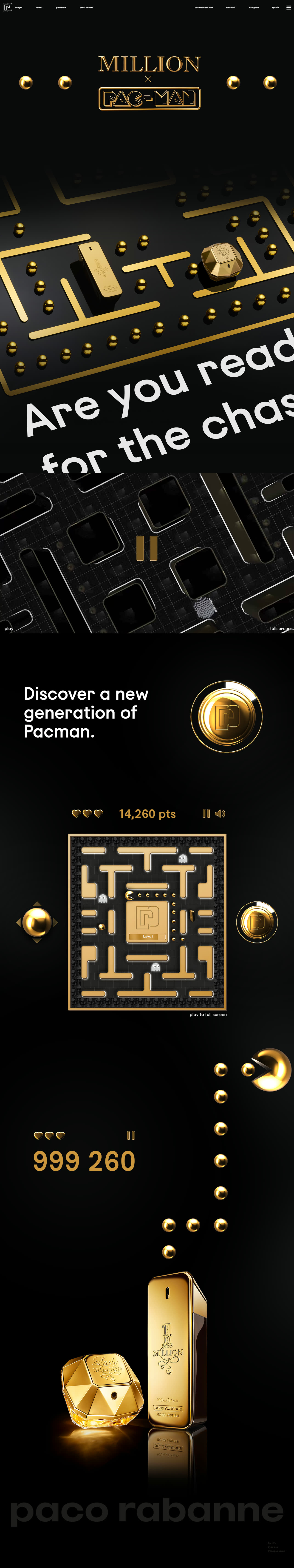 Le site du partenariat, de haut en bas : le logo 1 Million × Pac-Man, le labyrinthe doré, le flacon et le jeu