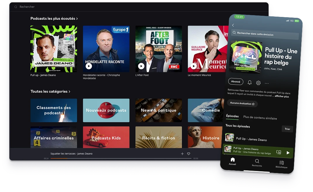 La page du podcast sur Spotify, sur ordinateur et sur téléphone