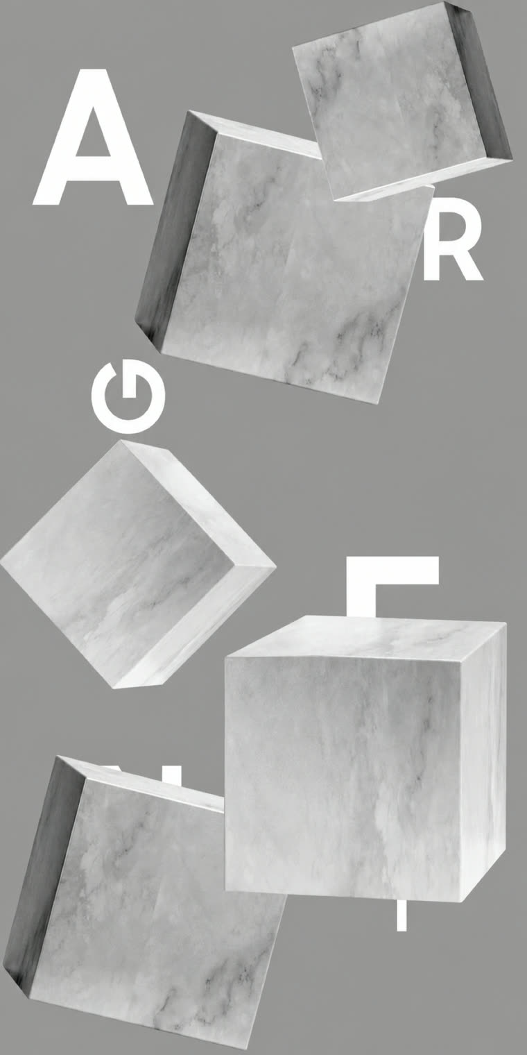 Un décor de blocs de marbre et de lettres, sur fond gris