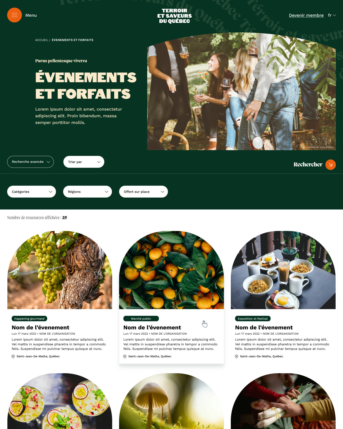 La page des évènements et forfaits
